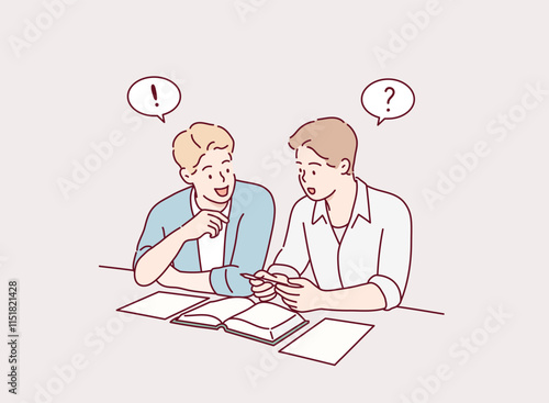 Friends, writing or students reading book in college for education, project or study at university library. Hand drawn style vector design illustrations.