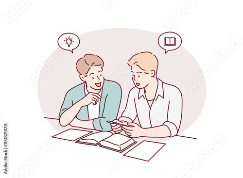 Friends, writing or students reading book in college for education, project or study at university library. Hand drawn style vector design illustrations.
