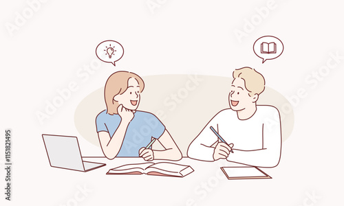 Friends, writing or students reading book in college for education, project or study at university library. Hand drawn style vector design illustrations.