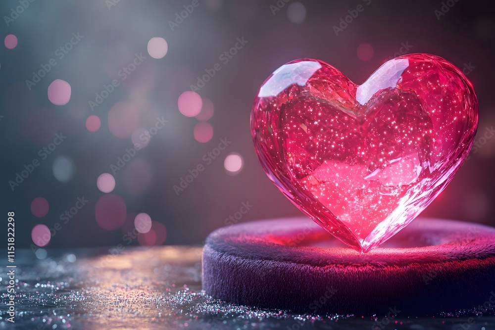 Fototapeta premium crystal heart glowing softly with pink and red hues, sparkling and shiny, resembling a diamond jewel of love and romance