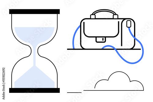 Hourglass representing time, briefcase symbolizing work, and cloud signifying storage or ideas. Ideal for productivity tools, time management, career growth, cloud services, work-life balance