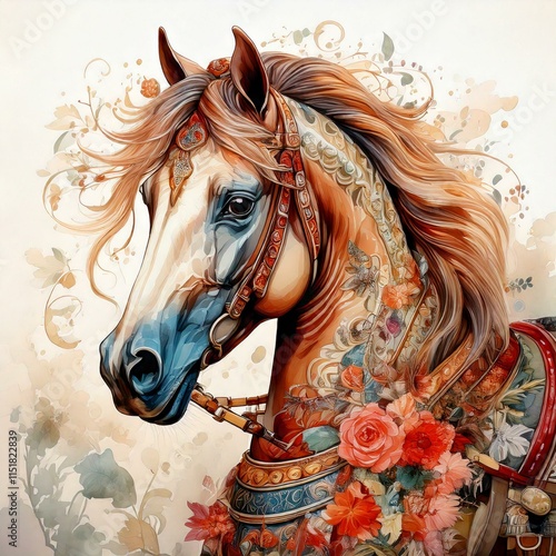 Watercolor carousel horse mid-spin with whimsical floral details