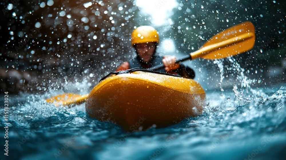 Fototapeta premium Kayaker paddling through rapids, splashing water.