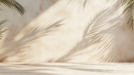 Minimal product display with palm leaf shadows on warm beige plaster wall, luxury summer architecture interior aesthetic, boho home décor, product platform stage mockup