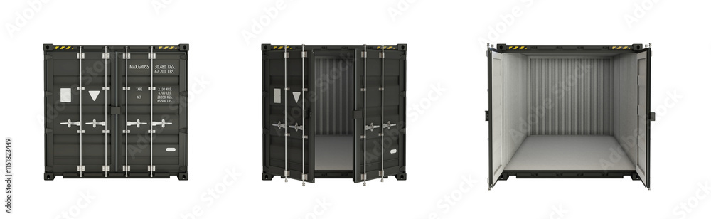 Front views of shipping container with open, closed doors. Without shadow. Black cargo container for storage, transportation goods. Isolated on a transparent background. PNG. 3D illustration.