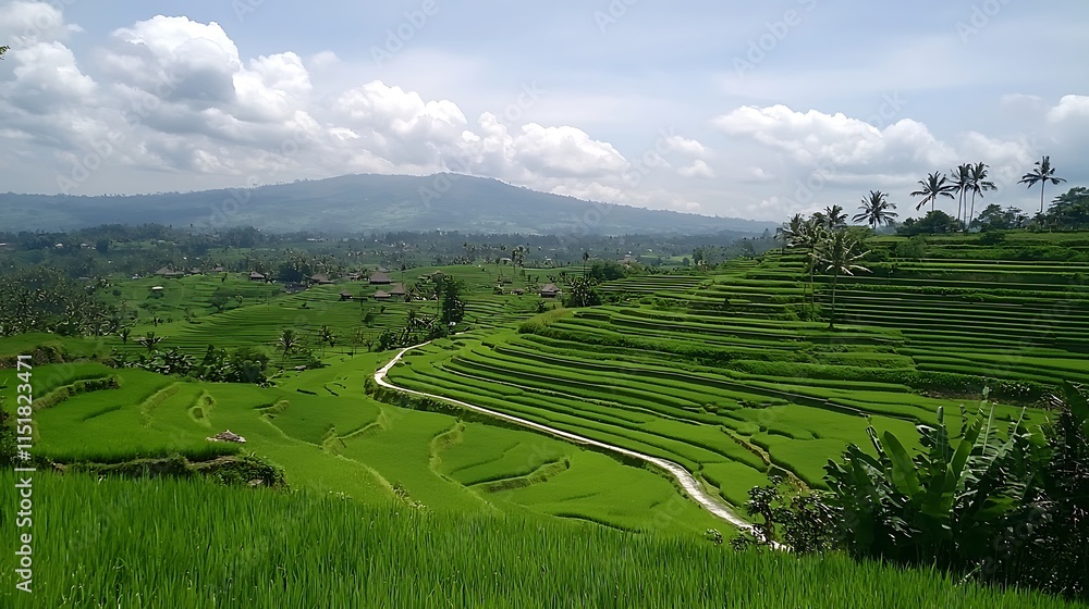 Fototapeta premium Lush green rice terraces, winding road, and distant mountains under a partly cloudy sky.