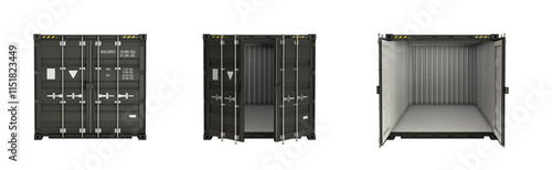 Front views of shipping container with open, closed doors. Without shadow. Black cargo container for storage, transportation goods. Isolated on a transparent background. PNG. 3D illustration.
