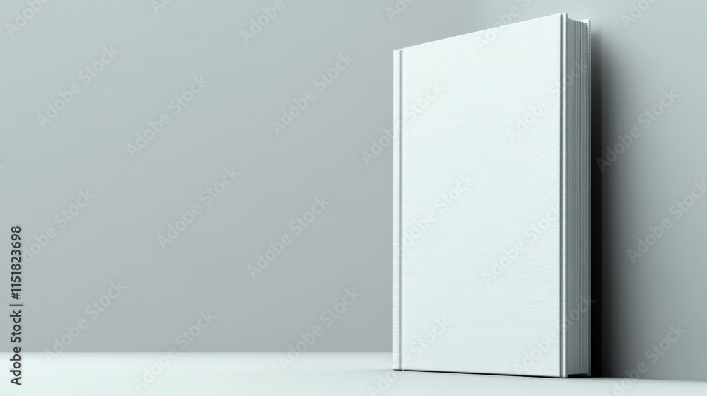 A blank white book standing upright against a light grey wall. A blank white book standing upright against a light grey wall.
