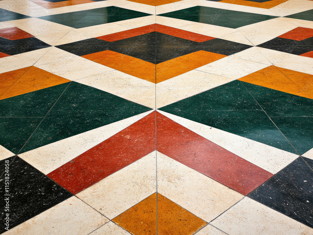 Fototapeta premium A colorful geometric tiled floor featuring a diamond pattern with contrasting colors of green, orange, red, and cream.