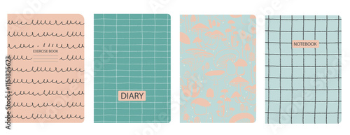 Set of cover page templates with hand drawn mushrooms, branches, leaves. Based on seamless patterns. Backgrounds for notebooks, notepads, diaries. Headers isolated and replaceable
