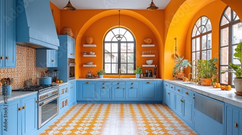 Vibrant orange and blue kitchen with arched windows, tiled floor, and custom cabinetry.
