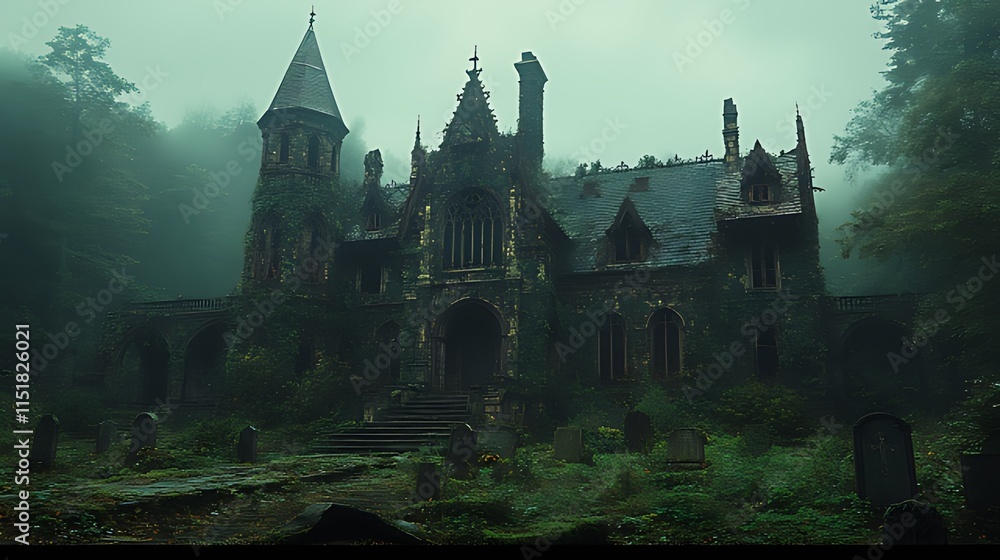 Overgrown gothic mansion shrouded in mist, surrounded by a graveyard.