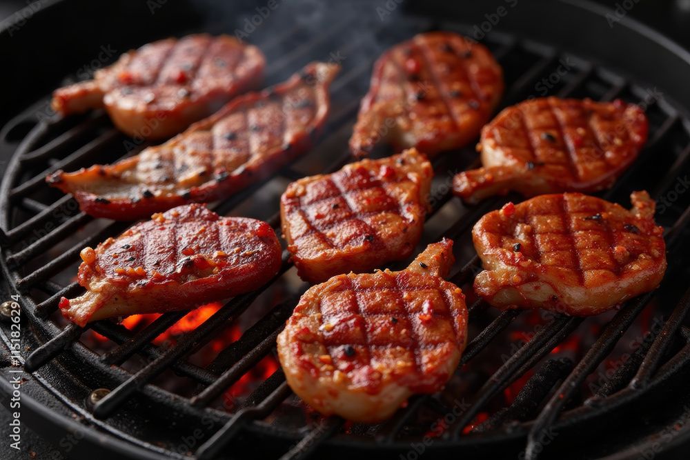 Grilled seasoned pork chops on barbecue grill with smoky flavor and sizzle copy space Grilled seasoned pork chops on barbecue grill with smoky flavor and sizzle copy space