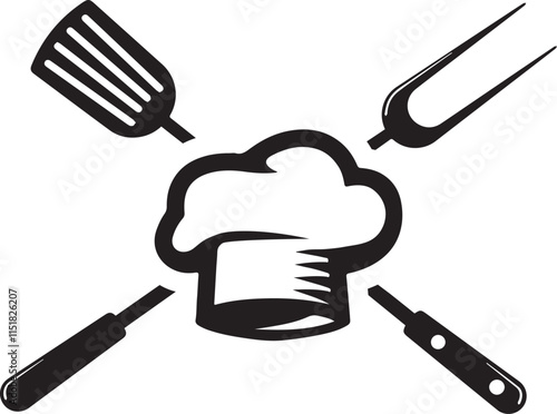 illustration of a hat and spoon Restaurant logo Kitchen emblems, symbols, icons, food studio labels, badges collection Creative Chef Hat Spoon Fork Vector Symbol Design Illustration