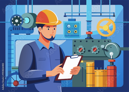 A technician inspecting machinery in a factory, checking gauges and taking notes on a clipboard.