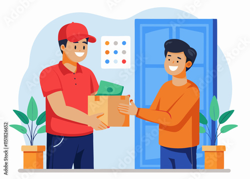 A food delivery driver handing a package to a customer at their doorstep, both smiling.