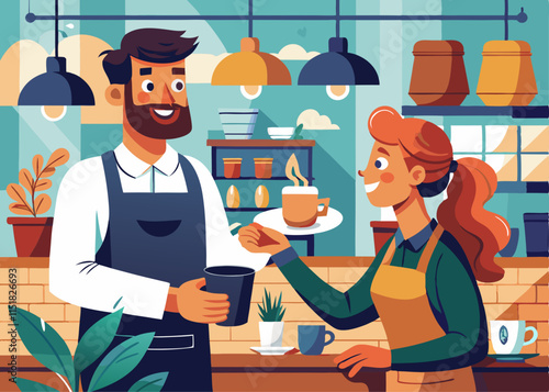 A customer shopping at a local market, smiling while chatting with a friendly vendor over fresh produce.