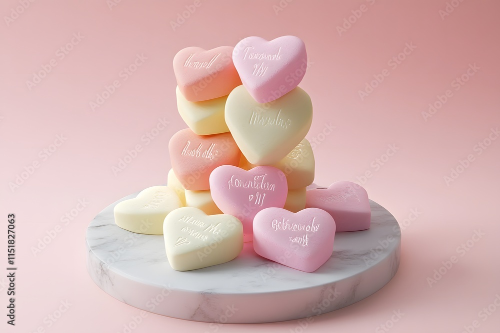 pastel hearts stacked in a glossy arrangement with soft colors and a pink background on a marble base, radiating romance pastel hearts stacked in a glossy arrangement with soft colors and a pink background on a marble base, radiating romance