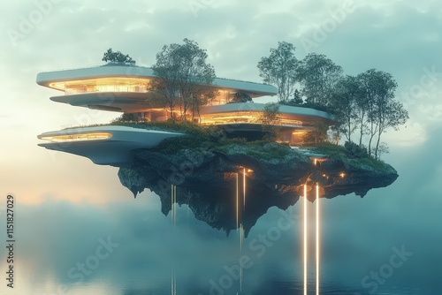 Futuristic Floating House on a Misty Island photo