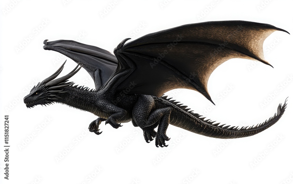 Fototapeta premium A full-body shot of a black dragon with horns flying through the air, side view, isolated on a white background.