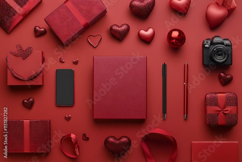 Valentine's Day Modern Flat Lay with Gadgets and Heart Decorations. photo