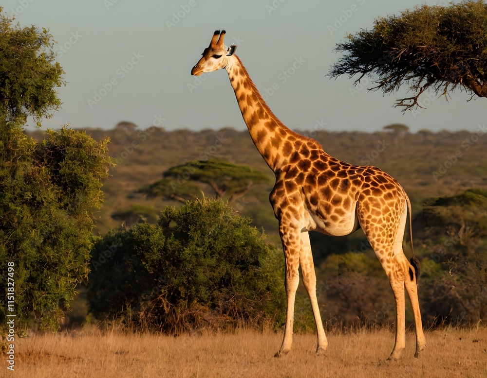 Fototapeta premium Striking Stripes: A Giraffe Stands Tall Against the African Sky, Generative AI
