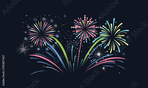 Vector illustration of colorful fireworks bursting in the night sky, easily editable