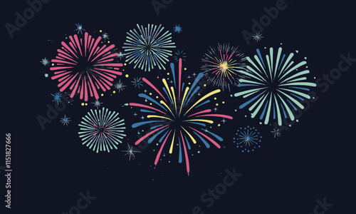 Vector illustration of colorful fireworks bursting in the night sky, easily editable