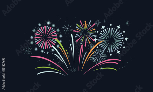 Vector illustration of colorful fireworks bursting in the night sky, easily editable