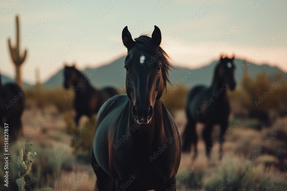 Obraz premium herd of beautiful black horses in a dessert setting with cactuses, golden hour, running, dynamic, most beautiful
