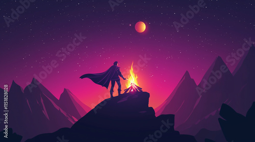 Illustration of a Hero by a Campfire Under a Starry Sky in a Minimalistic Style