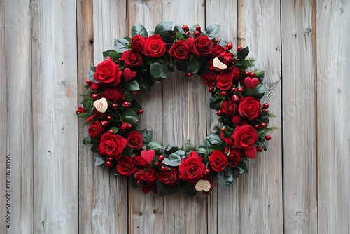 Valentine's Day Wreath of Roses on Wooden Door for a Romantic Display. photo