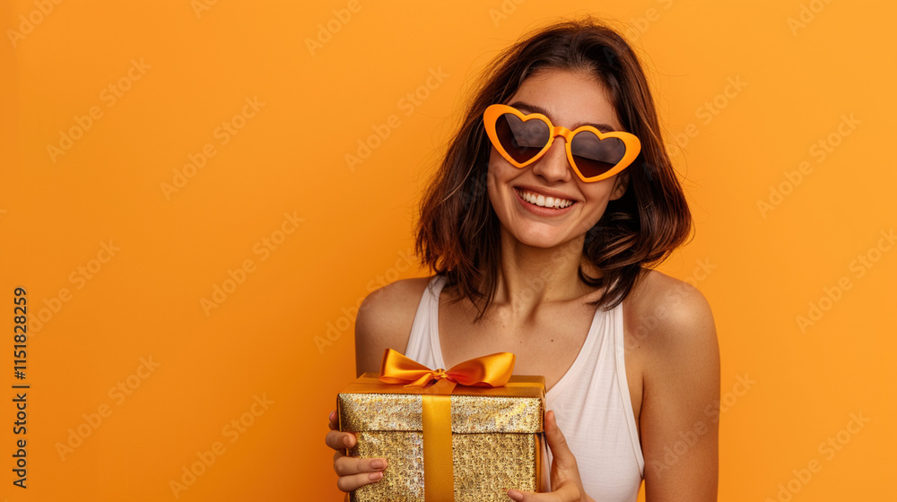 Obraz premium Smiling young woman in heart-shaped glasses holding gift box with bow on yellow background. Satisfaction and excellent service. Delightful deliveries with a focus on customer happiness.