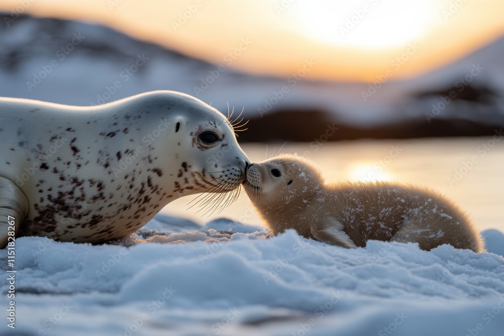 Obraz premium A serene scene capturing a seal and its pup amidst a snowy landscape, conveying warmth and affection in the early morning light of a stunning icy environment.