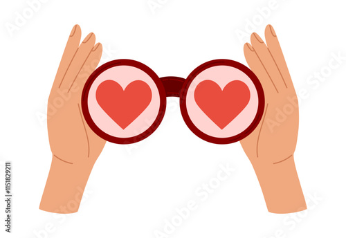Hands hold binoculars with hearts. Looking for love, search for soul mate concept. Romantic symbol. Valentine's day element. Flat Vector illustration isolated on white background