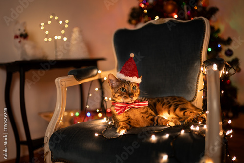 Toyger cat in Christmas decorations lies on an armchair photo