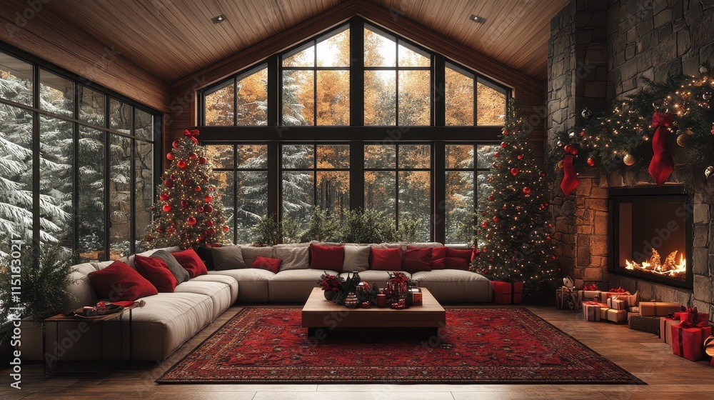 Fototapeta premium Christmas cozy living room celebration indoor luxury modern fireplace light