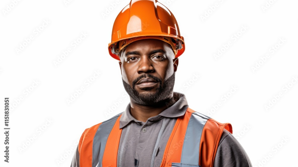 A modern portrait of a construction worker, fully equipped with safety gear, standing confidently with an orange helmet in hand, framed against a minimalistic white background A modern portrait of a construction worker, fully equipped with safety gear, standing confidently with an orange helmet in hand, framed against a minimalistic white background