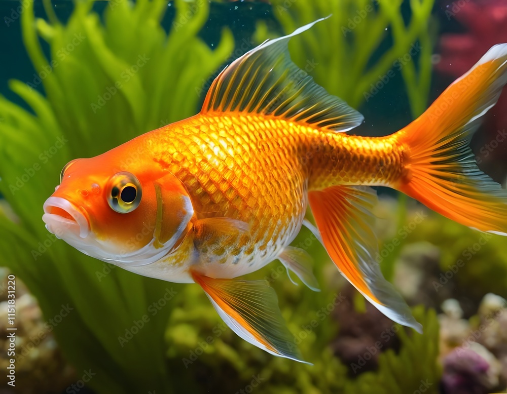 Golden Delight: A Photo of a Playful Goldfish in a Coral Reef under Sea, Generative AI Golden Delight: A Photo of a Playful Goldfish in a Coral Reef under Sea, Generative AI