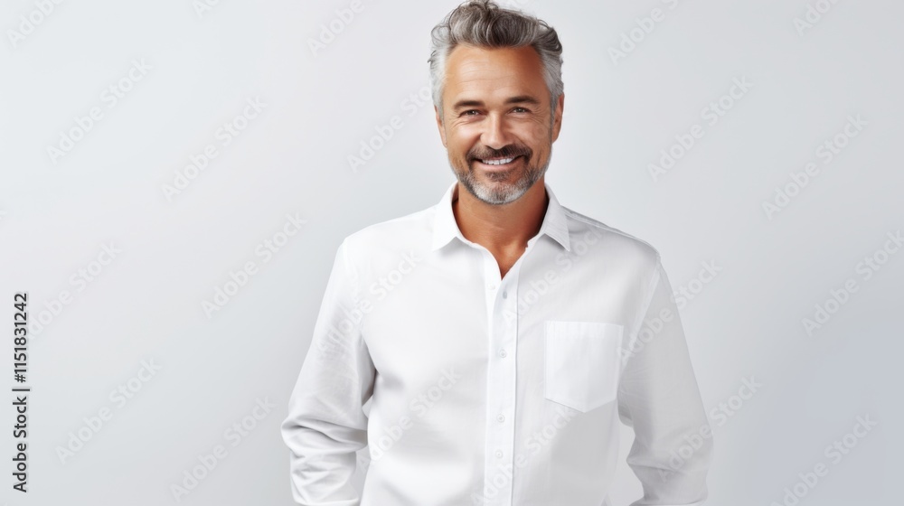 A modern portrait of a middle-aged man in a white casual outfit, confidently posing with a bright smile and his hand casually resting in his pocket, on a clean white background A modern portrait of a middle-aged man in a white casual outfit, confidently posing with a bright smile and his hand casually resting in his pocket, on a clean white background