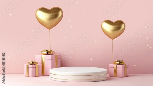 Pink and Golden Podium Pedestal on Pink background, Golden Hearts, Valentines Day, Wedding abstract minimal Background mock-up