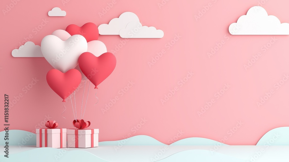 A whimsical scene featuring heart-shaped balloons floating above colorful gift boxes against a soft pink background. A whimsical scene featuring heart-shaped balloons floating above colorful gift boxes against a soft pink background.