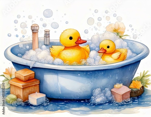 Illustration of a watercolor bubble bath with rubber duckies and pastel soaps