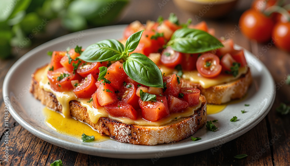 Delicious bruschetta with fresh tomatoes and basil served on toasted bread, garnished with herbs Delicious bruschetta with fresh tomatoes and basil served on toasted bread, garnished with herbs