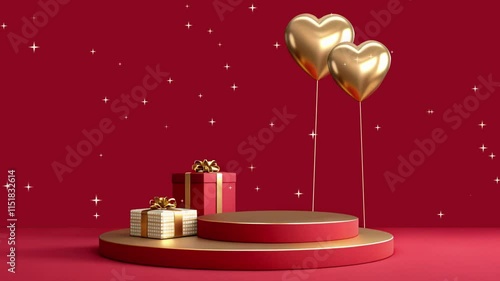 Red and Golden Podium Pedestal on Red background, Golden Hearts, Valentines Day abstract minimal Background mock-up