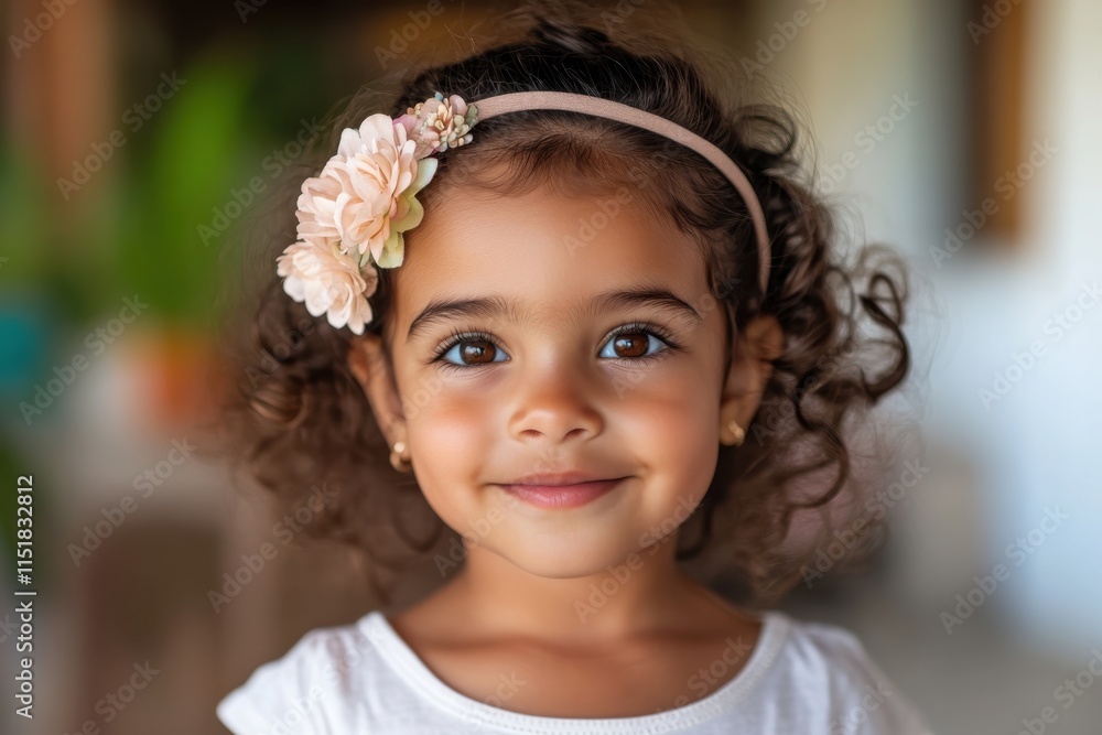 In this striking portrait, a joyful girl showcases her playful spirit while wearing a floral headband that complements her charming curls, radiating happiness and innocence. In this striking portrait, a joyful girl showcases her playful spirit while wearing a floral headband that complements her charming curls, radiating happiness and innocence.