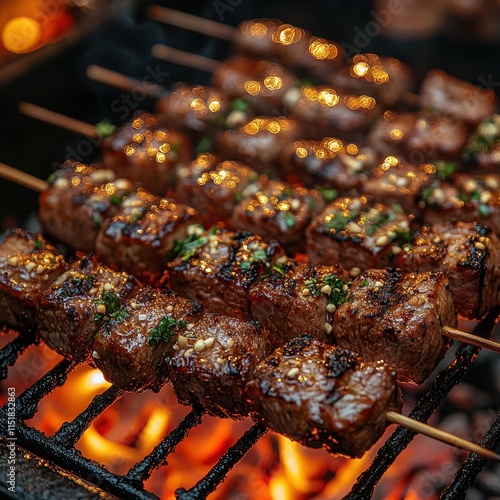 Charcoal grill filled with glowing embers and skewers of meat and vegetables. photo