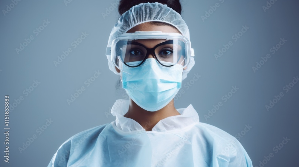 A poised and confident healthcare worker in full protective gear, her mask and goggles emphasizing hygiene and care, standing against a minimal white background A poised and confident healthcare worker in full protective gear, her mask and goggles emphasizing hygiene and care, standing against a minimal white background