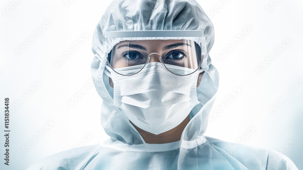 A portrait of a healthcare professional in full PPE, including goggles, mask, and gown, with her posture reflecting dedication and compassion on a clean white background A portrait of a healthcare professional in full PPE, including goggles, mask, and gown, with her posture reflecting dedication and compassion on a clean white background