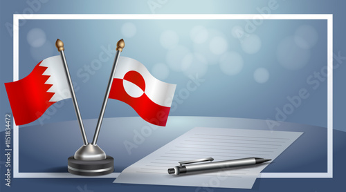 Bahrain and Greenland National flags on small table with bokeh background, cooperative relationship